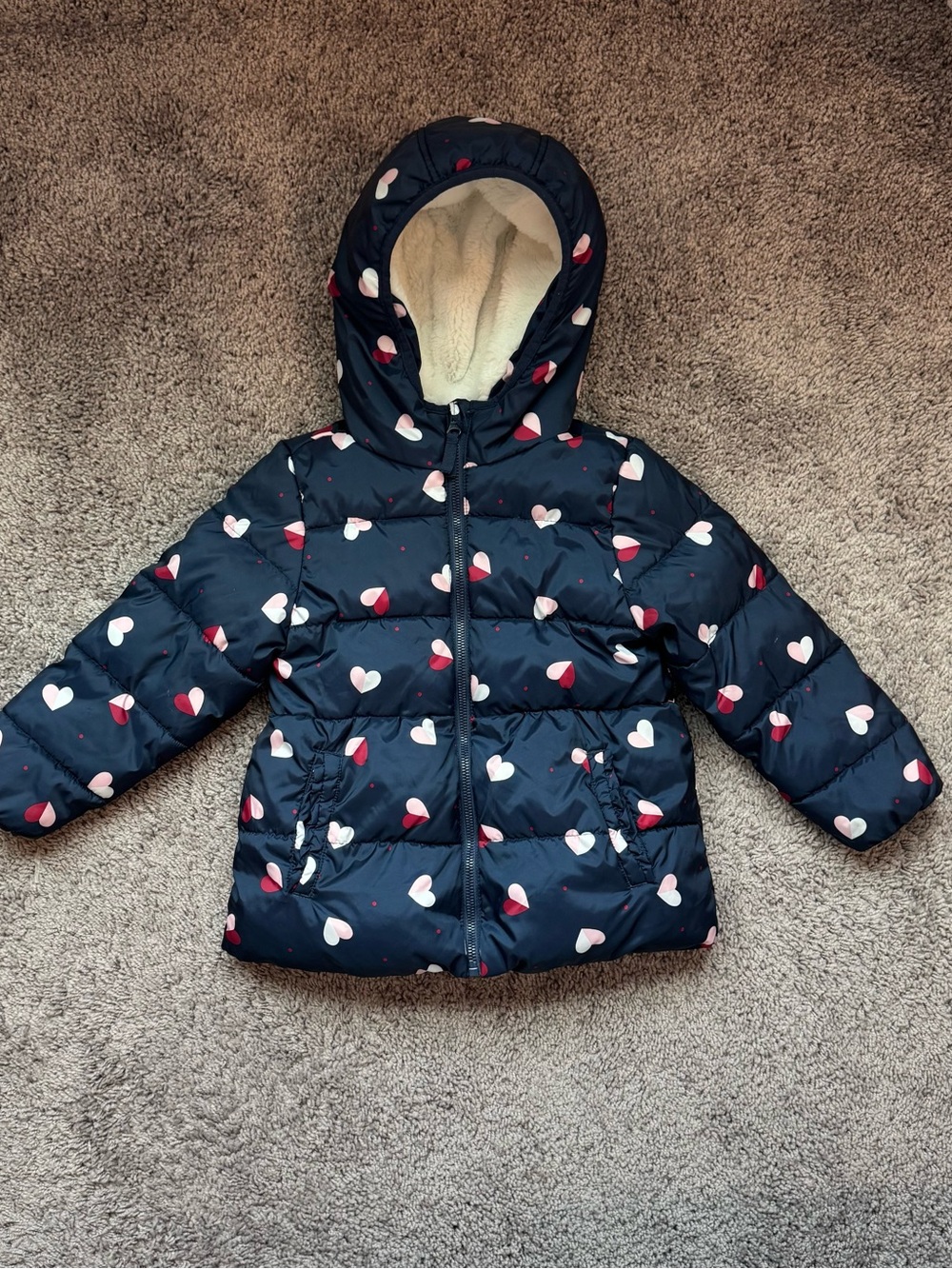 wonder nation Navy Puffer Jacket with Pink & White Hearts